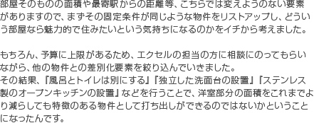 部屋そのものの面積や最寄駅からの距離等、こちらでは変えようのない要素がありますので、まずその固定条件が同じような物件をリストアップし、どういう部屋なら魅力的で住みたいという気持ちになるのかをイチから考えました。 もちろん、予算に上限があるため、エクセルの担当の方に相談にのってもらいながら、他の物件との差別化要素を絞り込んでいきました。その結果、『風呂とトイレは別にする』『独立した洗面台の設置』『ステンレス製のオープンキッチンの設置』などを行うことで、洋室部分の面積をこれまでより減らしても特徴のある物件として打ち出しができるのではないかということになったんです。